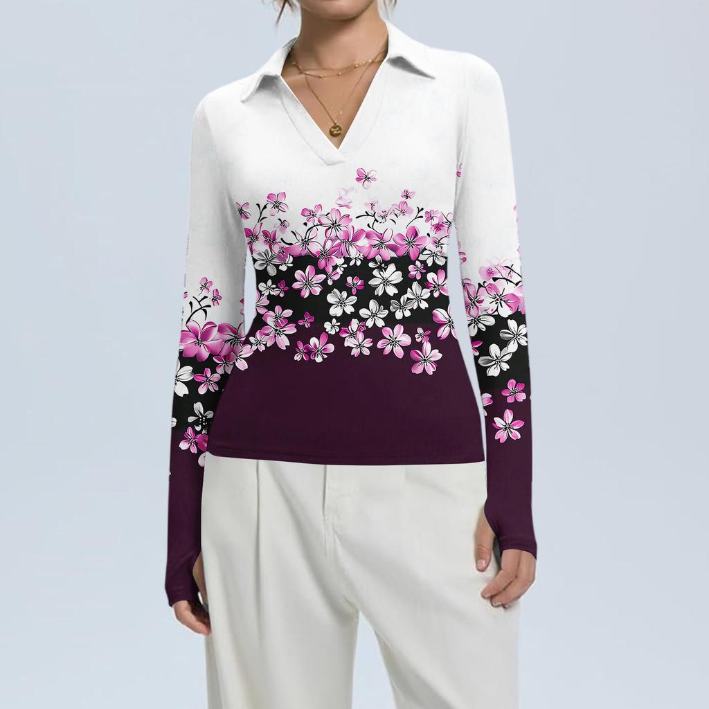 Women's Fashion Casual Print V-Neck Long Sleeve Button-Down Top