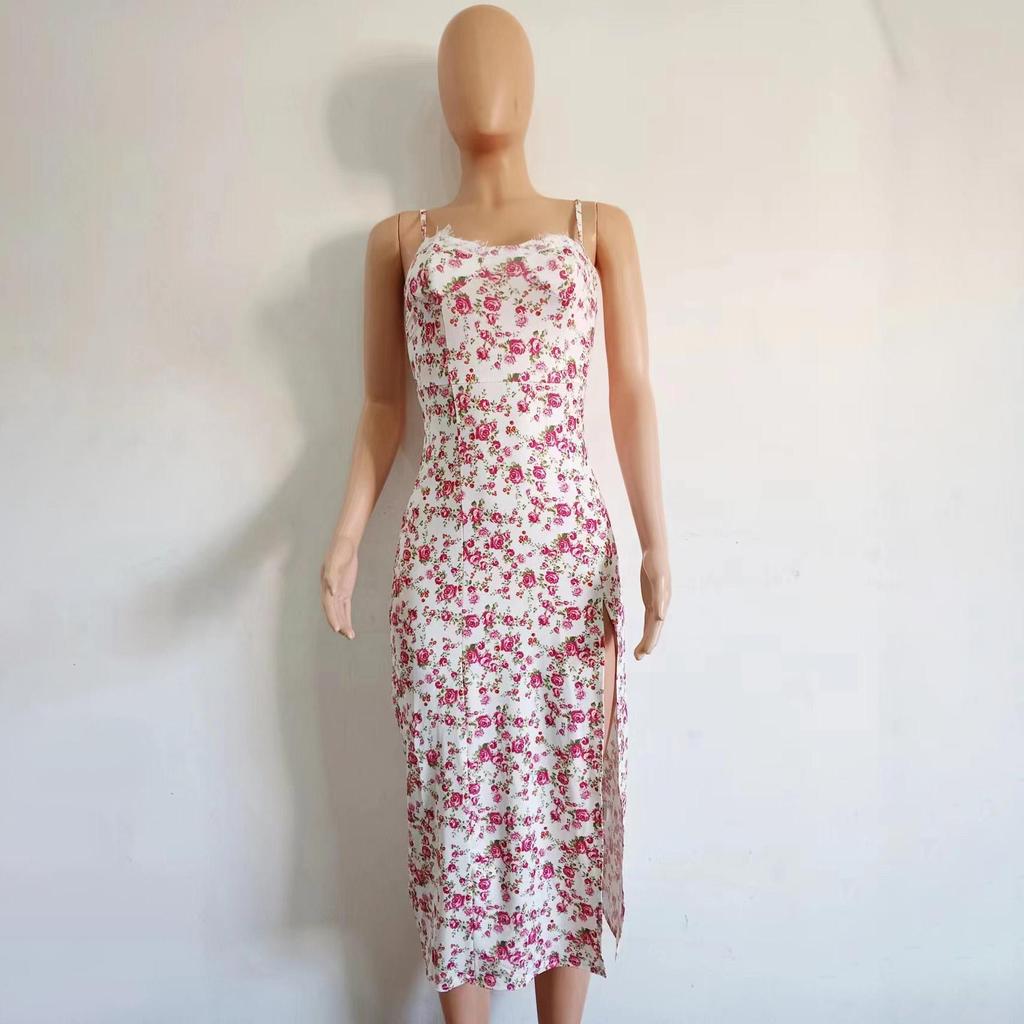 Women Spring Sleeveless Floral Print Suspender Dress Summer Casual Pencil Ankle-Length Elastic High Waist Slit Bohemian Dresses