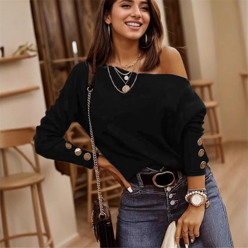 Women's Autumn and Winter New Bottoming Shirt One-line Collar Button T-shirt