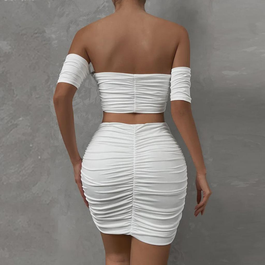 2024 Европейский и американский летний женский сексуальный комплект из двух частей с юбкой реглан с короткими рукавами и складками