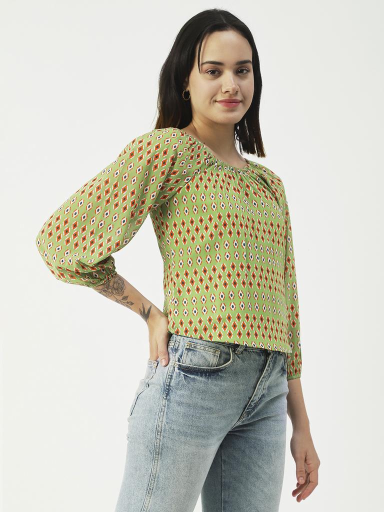 Moomaya Принтованный топ с круглым вырезом, прозрачный топ с длинным рукавом для женщин