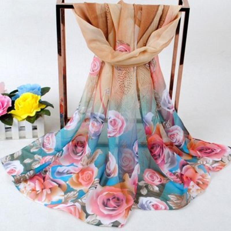 Autumn Peacock Feather Rose Chiffon Long Silk Scarf Women's Small Scarf EMA