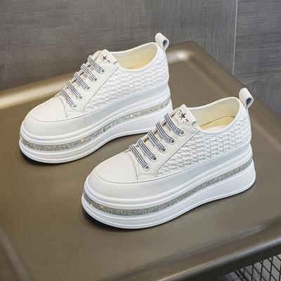 Женские кроссовки на платформе-клине со стразами - Белые 2025 Осенняя мода, Маленький размер, Универсальные, Плетеный стиль