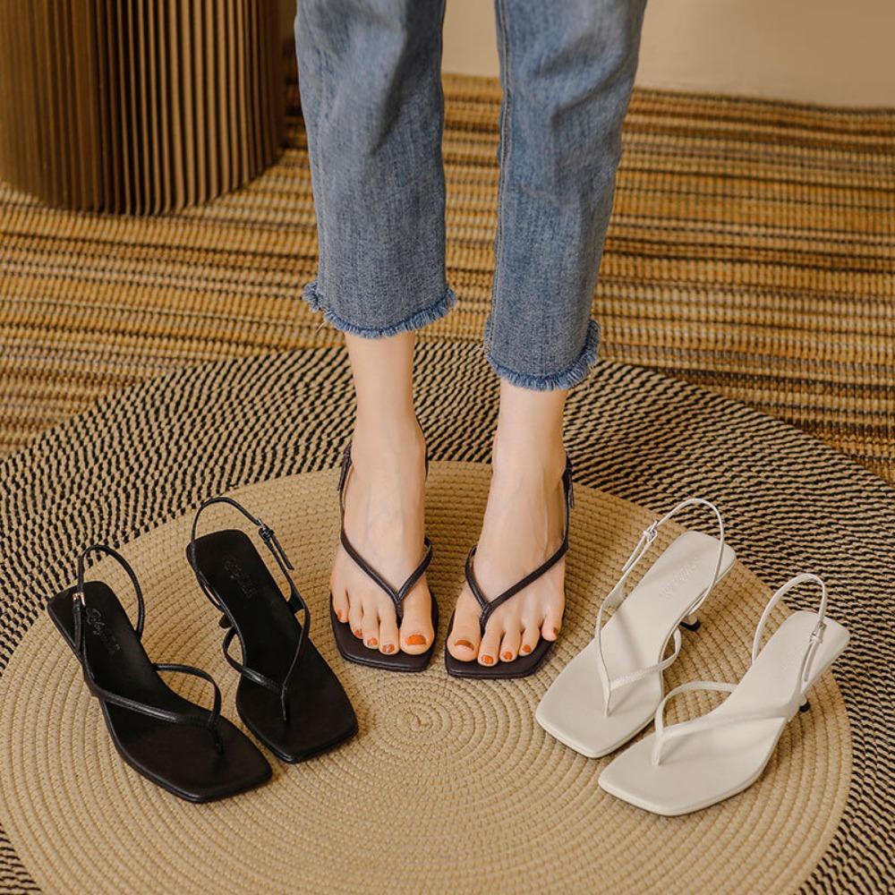 Women Sandals Leather High Heeled Sandals Women's Slippers Summer Outside Stiletto Back Strap Threaded Flip Flops Cool Slippers