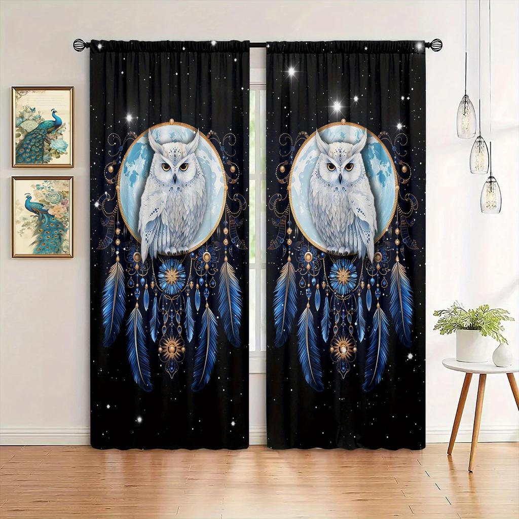 2pcs Owl Printed Curtain for Home Decor - Rod Pocket Window Treatment for Bedroom, Office, Kitchen, Living Room, and Study