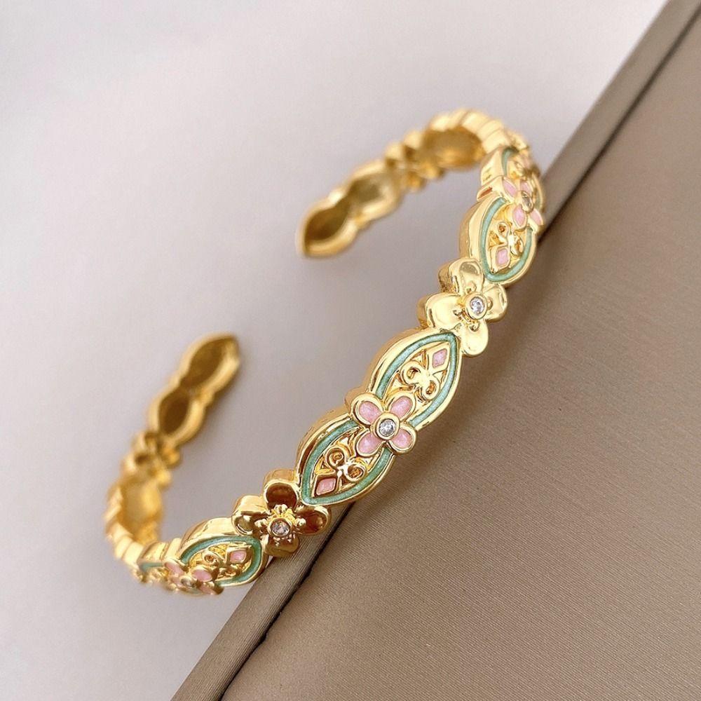 Handicraft Enamel Glazed Bracelet Gold Opening Bracelet Elegant New Chinese Style Bangle Party