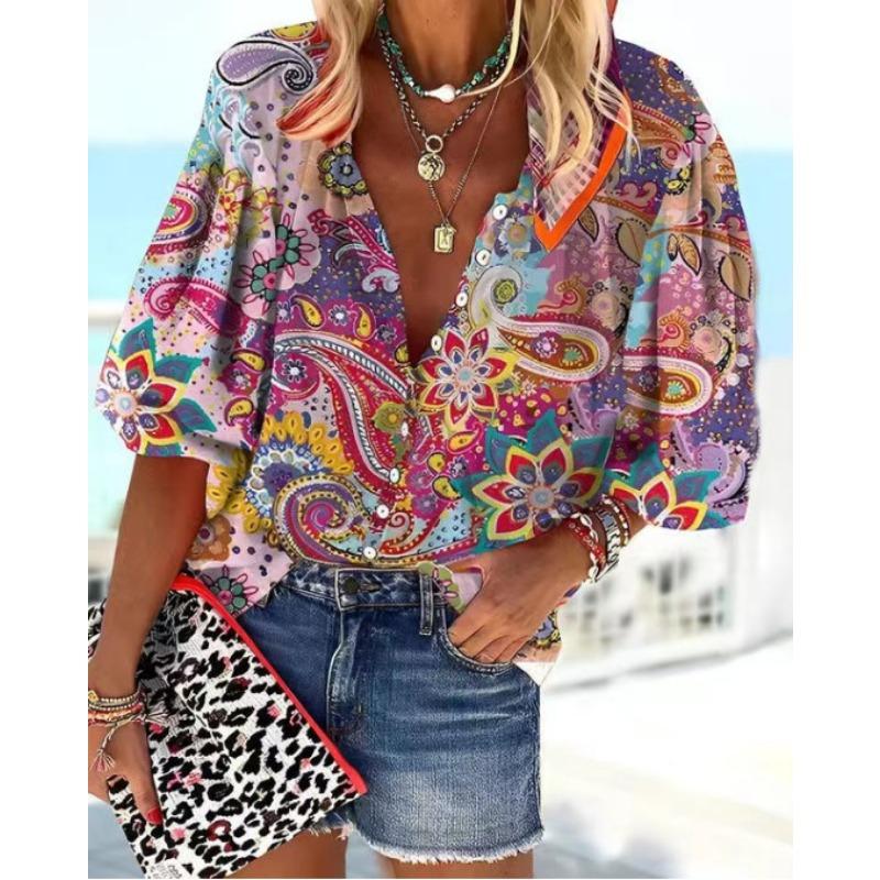 Летняя мода Стойка воротник Свободный крой На пуговицах Ретро принт Повседневные Рукава семь восьмых Женские блузки и рубашки