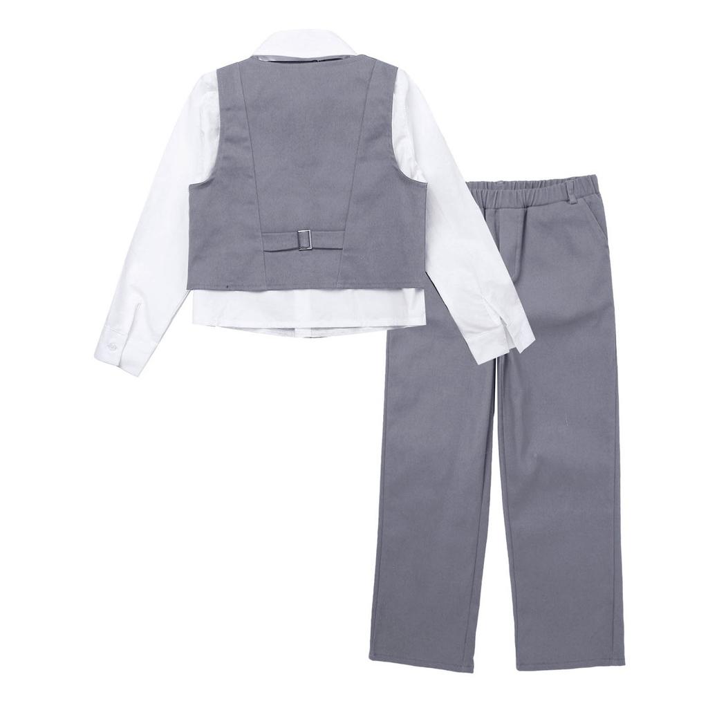 4 шт., детский смокинг для мальчиков, джентльменская одежда, рубашка с длинными рукавами + жилет без рукавов + брюки с эластичным поясом + бант для галстука