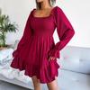 Spring Summer Square Neck Flared Long Sleeve Ruffled Swing Solid Color A Line All Match Dress S-XL