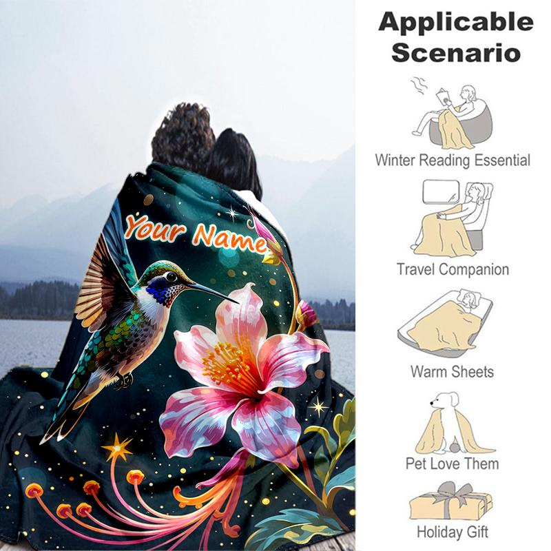 1PC Custom Name Hummingbird Flower Magic flannel blanket versatile,all-season throw suitable for the living room,bedroom,camping,travel,and gift
