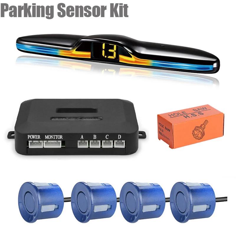EURS New LED Parking Sensor System Backlight Parktronic Monitor Display Kit Backup Detector Assistant 4 Probes