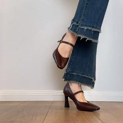 Туфли Мэри Джейн на толстом каблуке с французской квадратной головкой, женские, весна-осень 2025 года, новые кожаные туфли с пряжкой и ремешком, на высоком каблуке