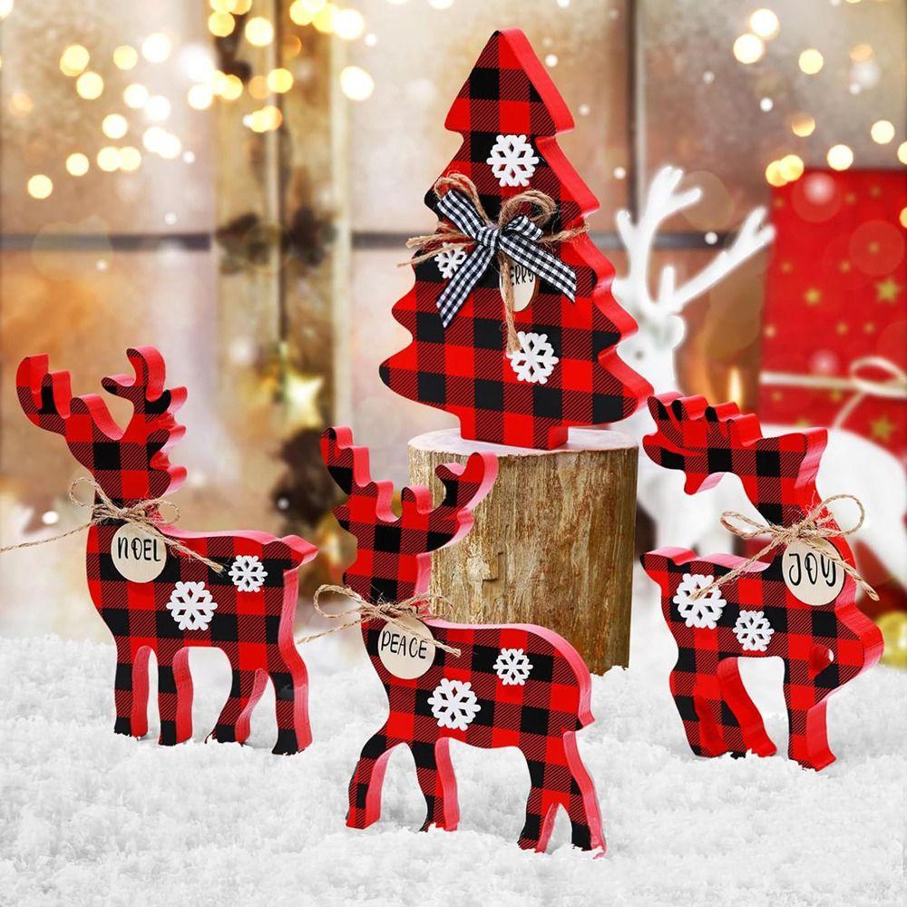 4Pcs Wooden Christmas Deer Ornament 3D Exquisite Red Plaid Reindeer Ornament Decorative Snowflake Reindeer Decorations