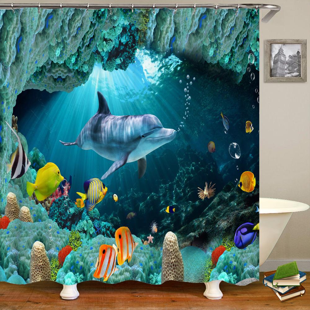 Cartoon Dolphin Shower Curtain Waterproof Home Decoration Curtain Ocean Sea Beach landscape Printed Bathroom Curtain With Hooks