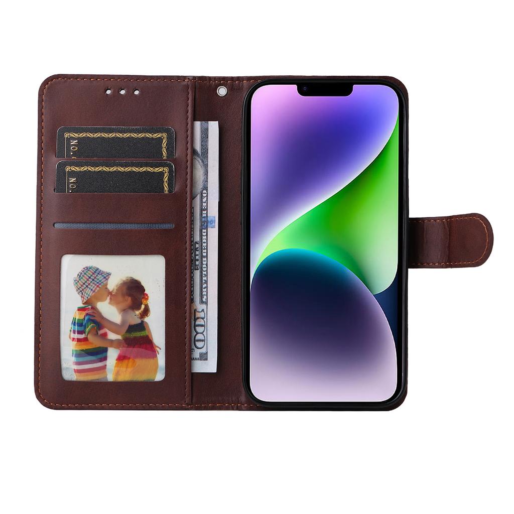 For iPhone 15 Plus PU Leather Wallet Case Phone Stand Cover with Tempered Glass