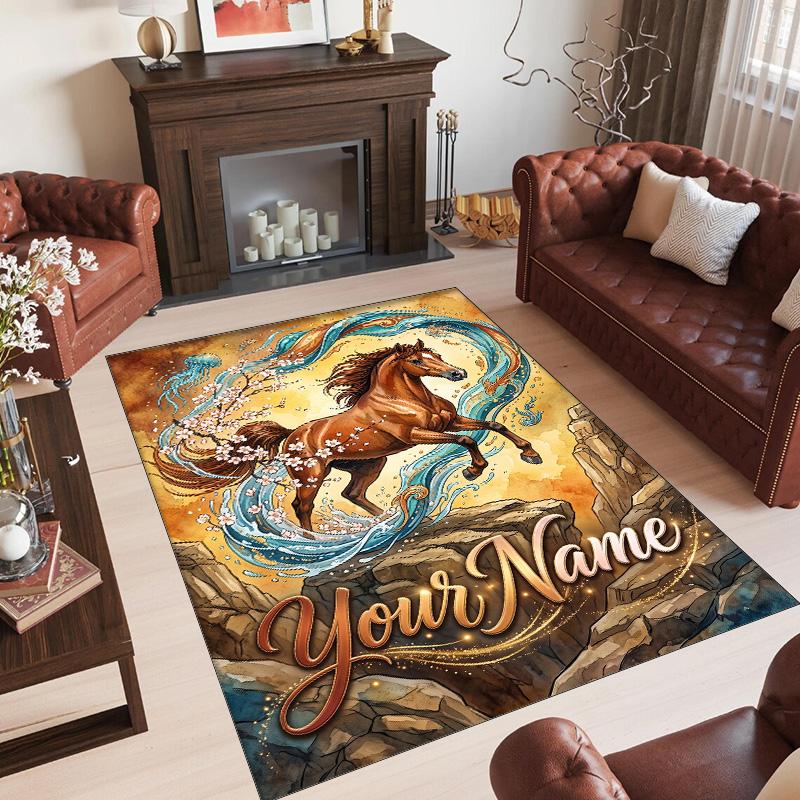 Horse Theme Crystal Velvet Floor Rug Personalized Custom Name Text Warm Carpet Home Decoration