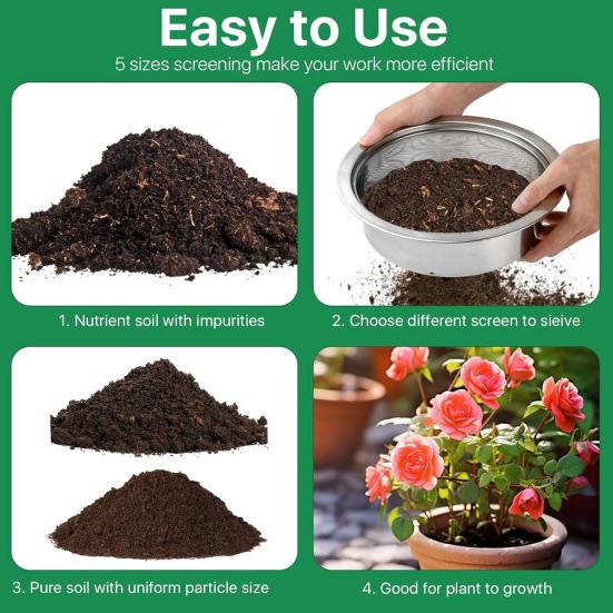 Soil Sifter Set Stainless Steel Sieve Frame with 5 Mesh Sieve Pans