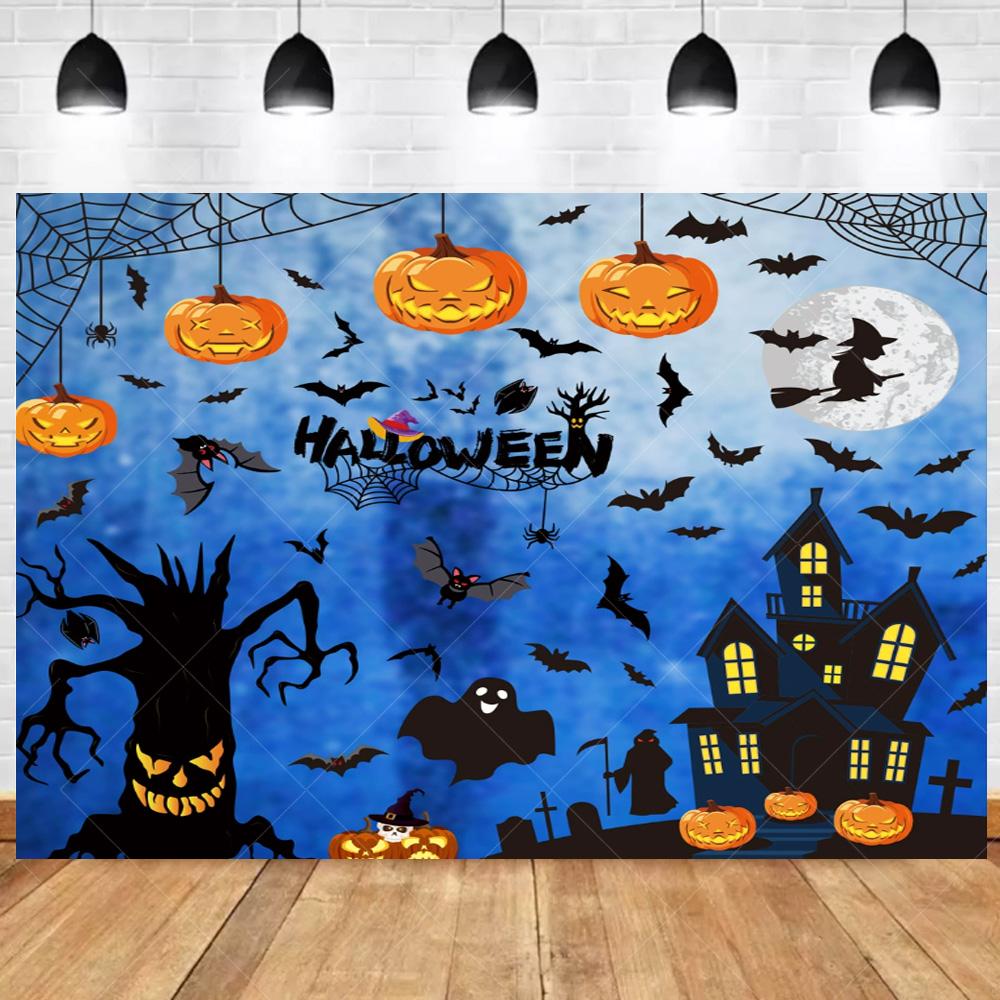 1pc Blue Halloween Party Backdrop with Night Moon Gothic Castle Pumpkin Bats Ghost Banner for Halloween Themed Party Decoration