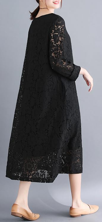 Hanmall Black Lace Long 7 Plus Loose Perfect for and Round Long Flare Fashion Dress, Sleeve, Colors, Women's, Sizes, Figure-Flattering, Casual, Fit,