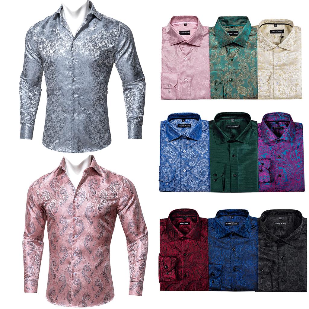 Mens Long Sleeve Shirt Black Design Casual Shirt Silk Paisley Shirt Collar Pin Luxury Mens Fashion