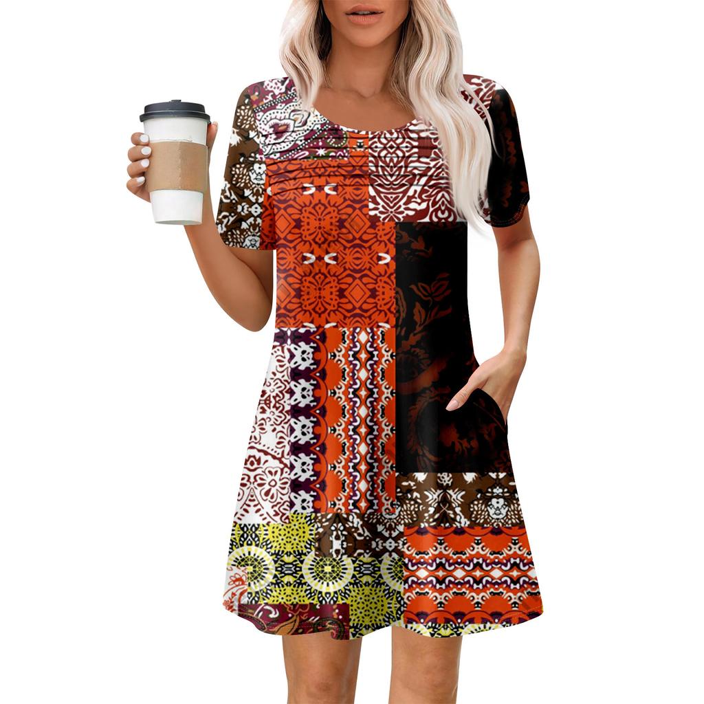 Женские летние повседневные платья с круглым вырезом, плиссированные, с карманами, с принтом, с коротким рукавом