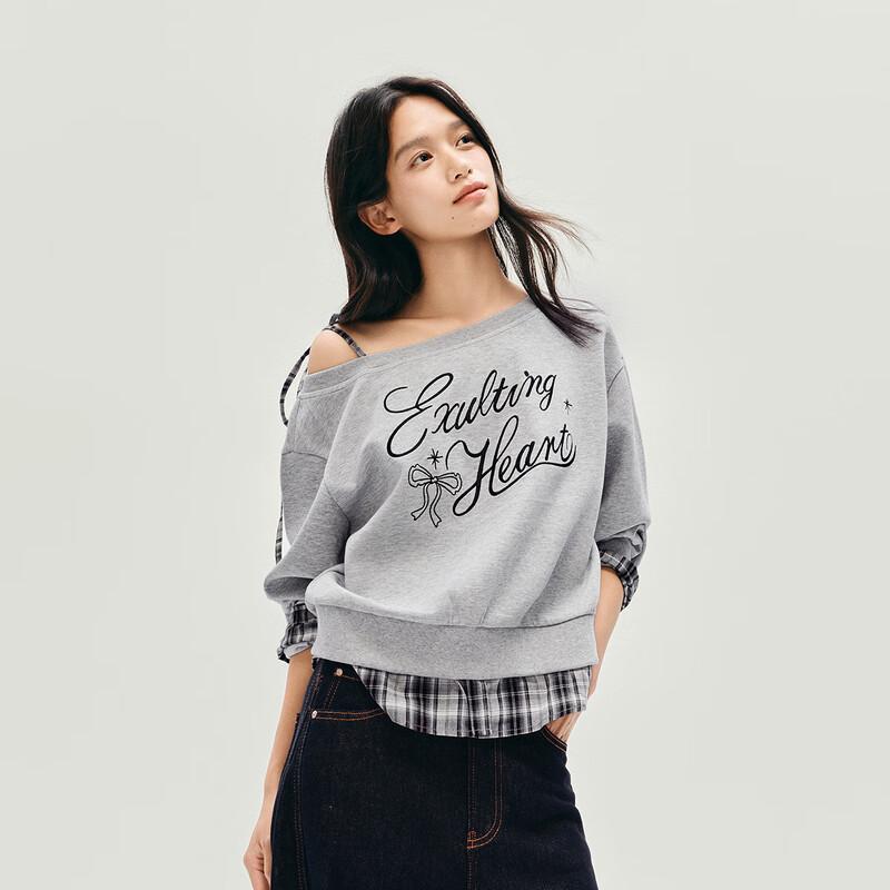 Semir Women's Faux 2-Piece Plaid Patchwork Sweatshirt