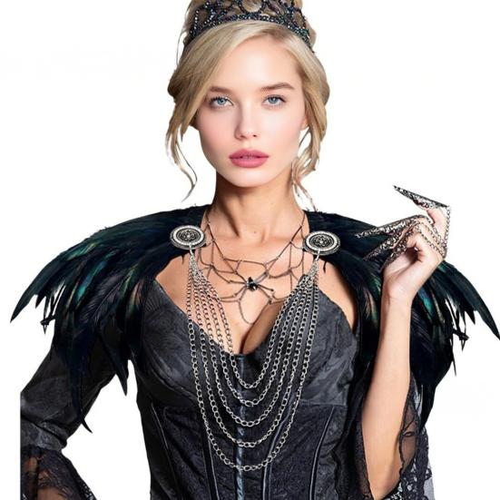 Женская черная накидка-шаль из перьев, готический пелерин-болеро из перьев, пончо с воротником, костюм ведьмы для косплея на Хэллоуин, карнавал