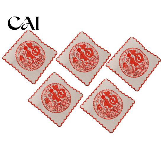 Chinese Fortune Pattern Decor 5Pcs Red Blessing Embroidered Doilies, Character Fabric Coaster, Square Decorative Thickened Polyester Pad Place