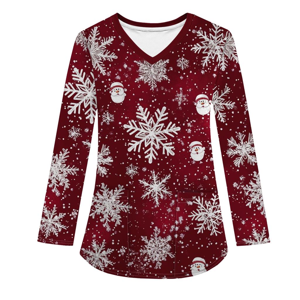 Женская модная рабочая одежда с V-образным вырезом, длинным рукавом и карманом, рождественский принт, футболка, топ