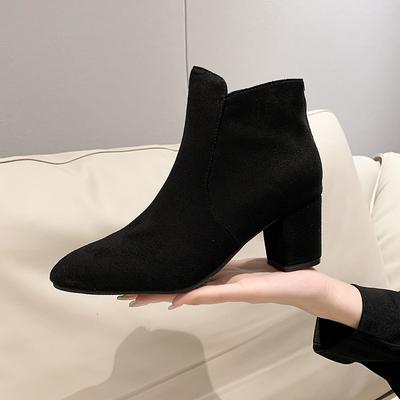 Женские сапоги осенние замшевые ботильоны зимние модные на высоком каблуке толстые женские высокие каблуки черные сапоги короткие сапоги на молнии Botas Mujer