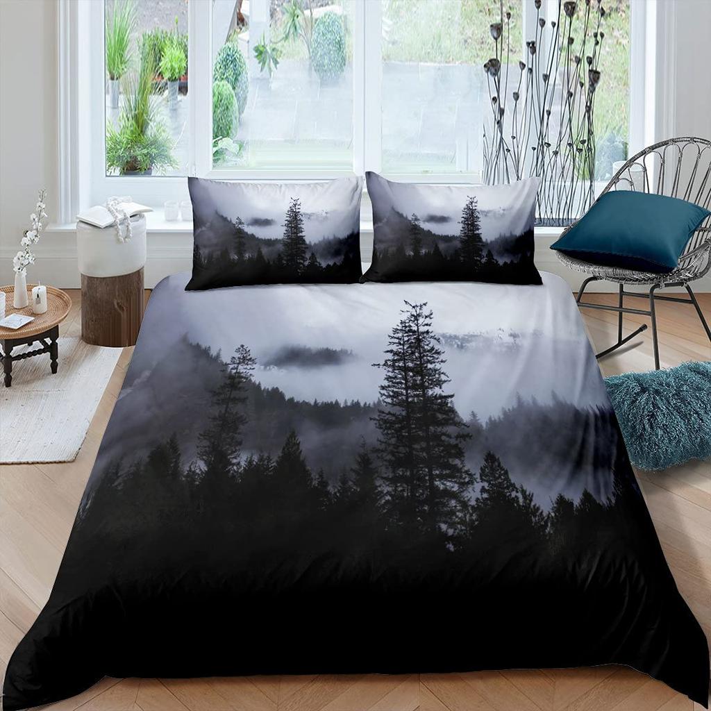 Smoky Mountain King Queen Duvet Cover Grey Fog Pine Trees Bedding Set Retro Natural Scenery Art 2/3pcs Polyester Quilt Cover