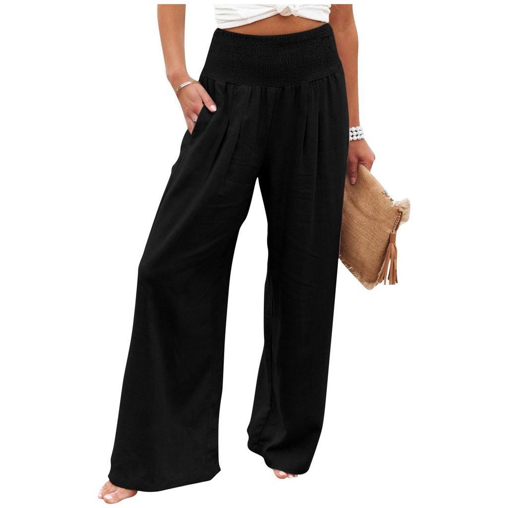 Women's Casual Loose High Waist Cotton Linen Wide Leg Long Pants With Pockets