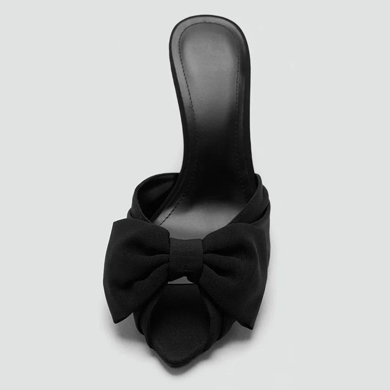 Bowknot Fashion Heels for Ladies Sandals Pleated Peep Toe Elegant Slides Female Dress Black Fashion Fine Heeled Slippers Women