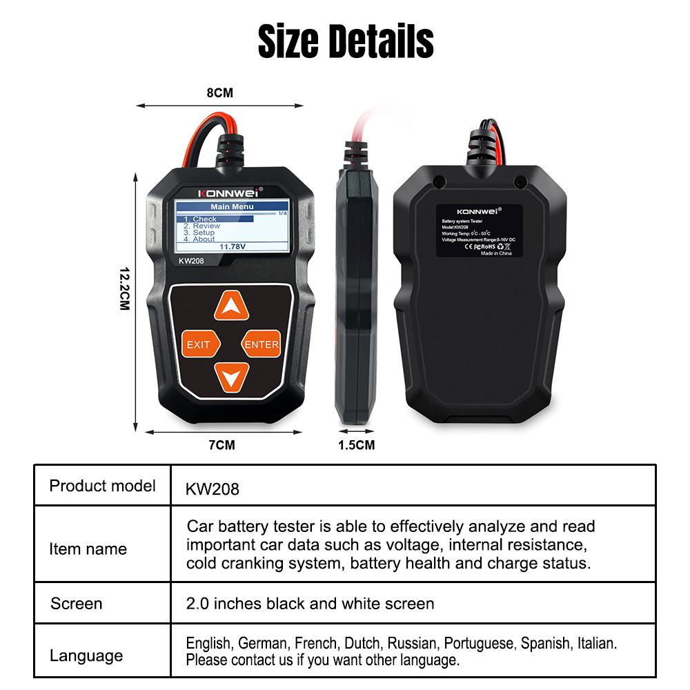 KW208 Тестер автомобильного аккумулятора 12 В от 100 до 2000CCA Тестер цепи зарядки аккумулятора Анализатор аккумулятора 12 Вольт Инструменты для аккумулятора