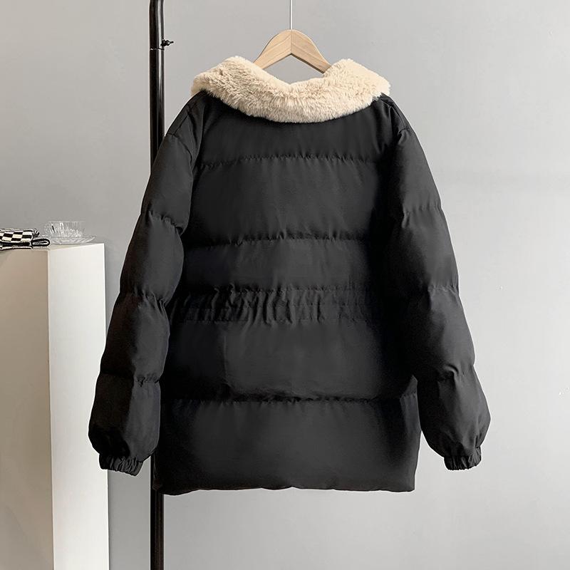 Women Autumn Winter Imitation Rabbit Hair Slim Cotton Coat Lapel Neck Solid Color Drawstring Padded Jacket
