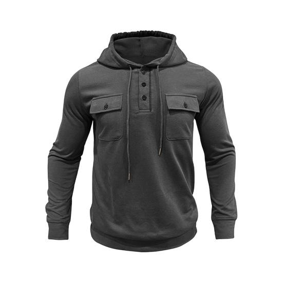 Fall Spring Men Top Drawstring Chest Pockets Buttoned Hooded Long Sleeves Pure Color Elastic
