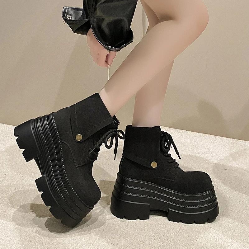10 см Новые женские ботильоны 2024 года, осенне-зимние теплые панк-ботинки с мехом, повседневные кожаные короткие ботинки на массивной платформе Bota Mujer
