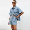Женский джинсовый костюм-двойка Свободная повседневная рубашка с коротким рукавом + шорты на резинке