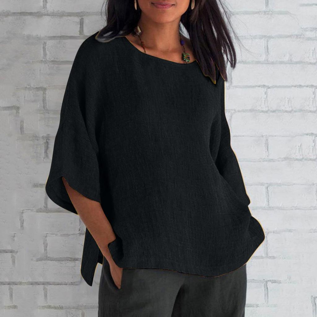 Women's Fashion Half Sleeve Round Neck Solid Colour Loose Casual Shirt Top