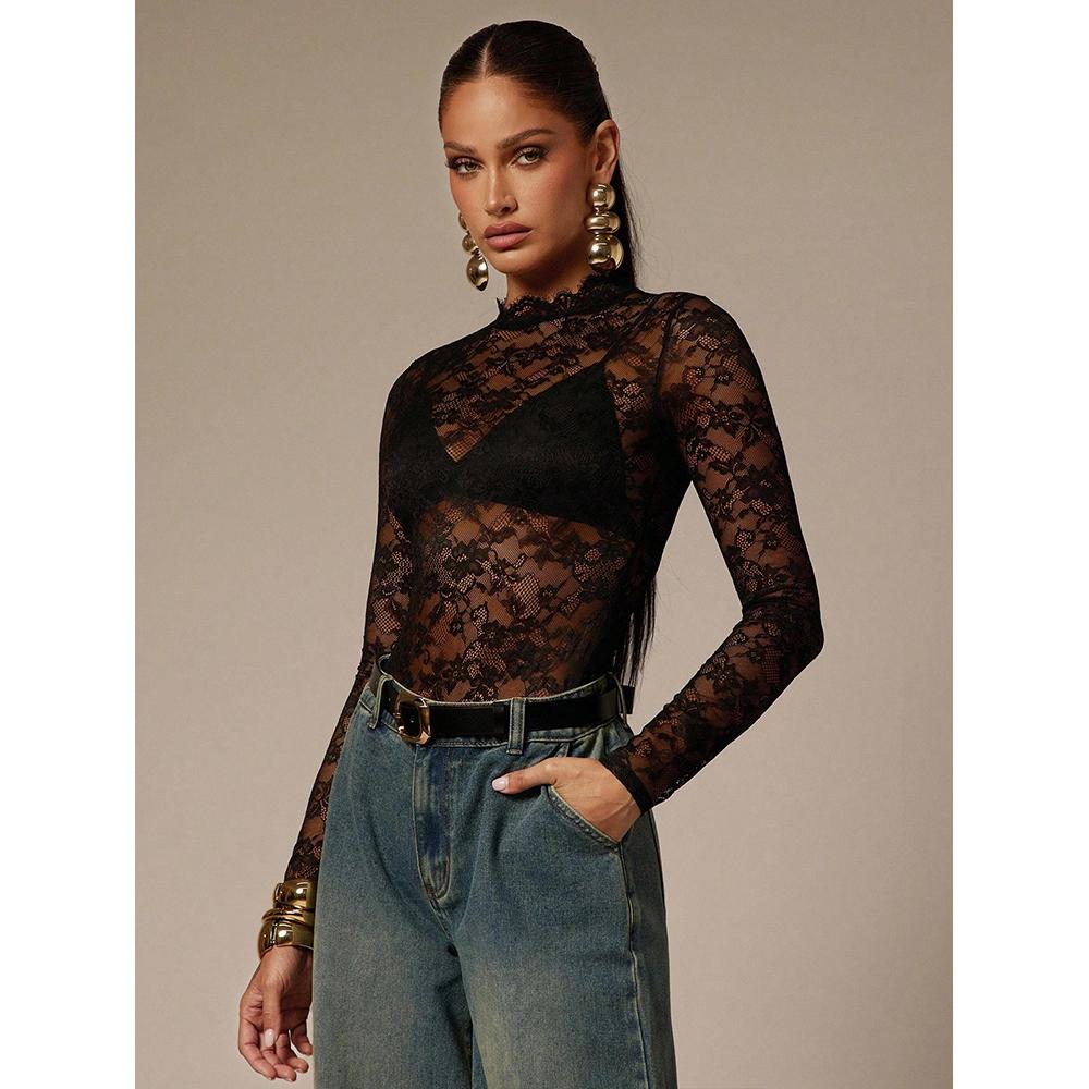 Женский боди-леотард с цветочным кружевом, сетчатый, прозрачный, с воротником-стойкой, с длинным рукавом