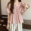Gentle French Style Square Collar Blouse Solid Color Basic Summer Elegant Puff Sleeve Fashion Folds Shirts