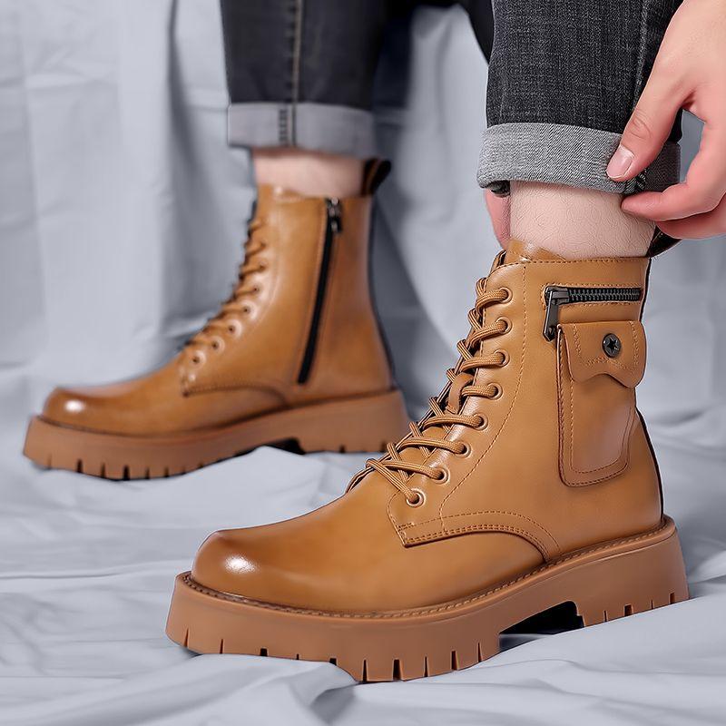 High Quality Men White Boots 2024 Fashion Zip Design Men's Leather Boot Anti-slip Lace-up Man Platform Boots Botas Para Hombre