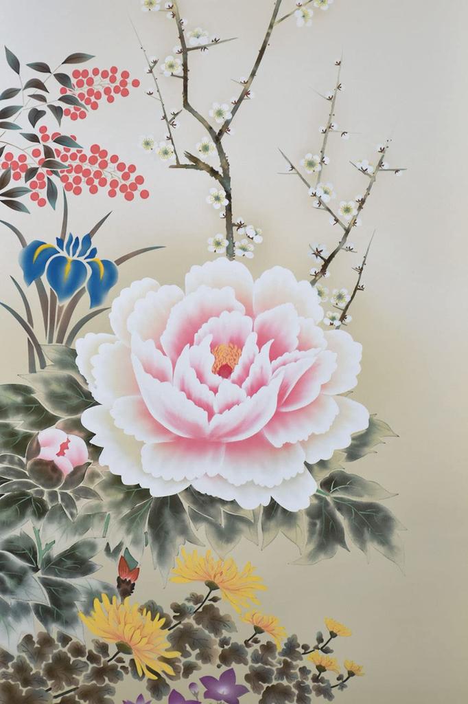 Галерея Hare no Machi, подвесной свиток Four Seasons Yamamura Kanpo, круглый год, цветы, Shakuzo, 44,5×164 см