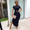 Summer Women Dress Irregular Short Sleeves One Shoulder Solid Color Baggy Ankle Length Tight Waist Slant Neck Lady Commute Prom Party Maxi Dress