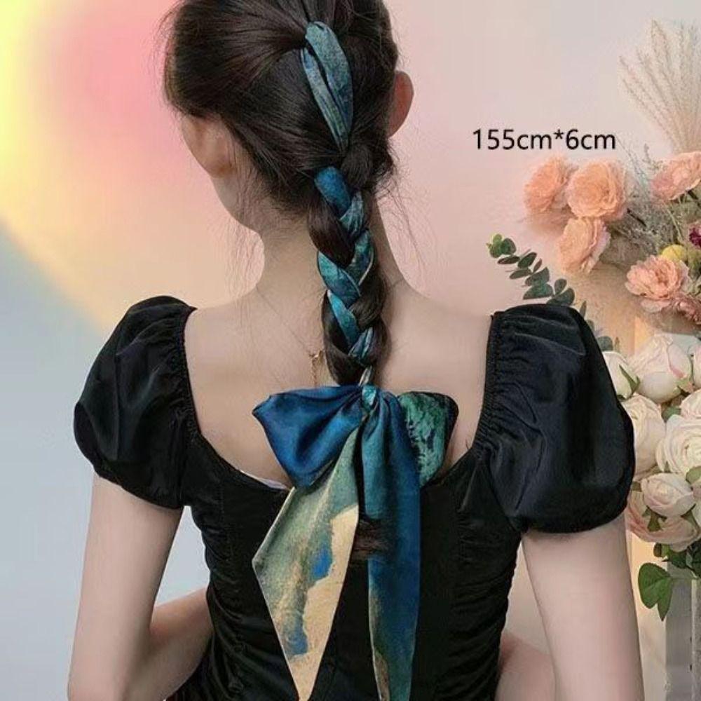 Ribbon Long Strip Silk Scarf Headband Retro Woman Headdress New Printing Tied Hair Turban