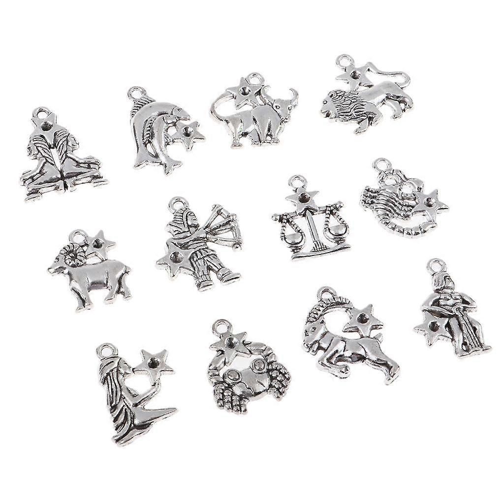 4x12PCs Antique 12 Zodiac Charms Pendant Jewelry Making Craft Antique silver