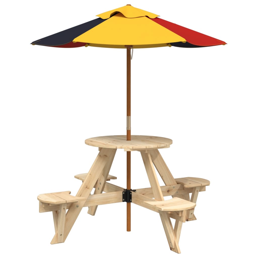 4 Child Picnic Table with Sun Umbrella Round Pine Wood