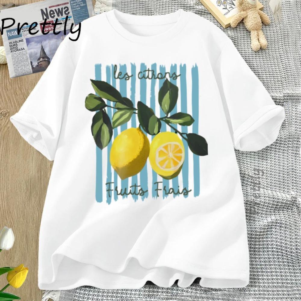 Summer Lemon T-shirt Retro Cottagecore French T-shirt Lemon T-shirt Vacation Beach T-shirt Casual Short-sleeved Top