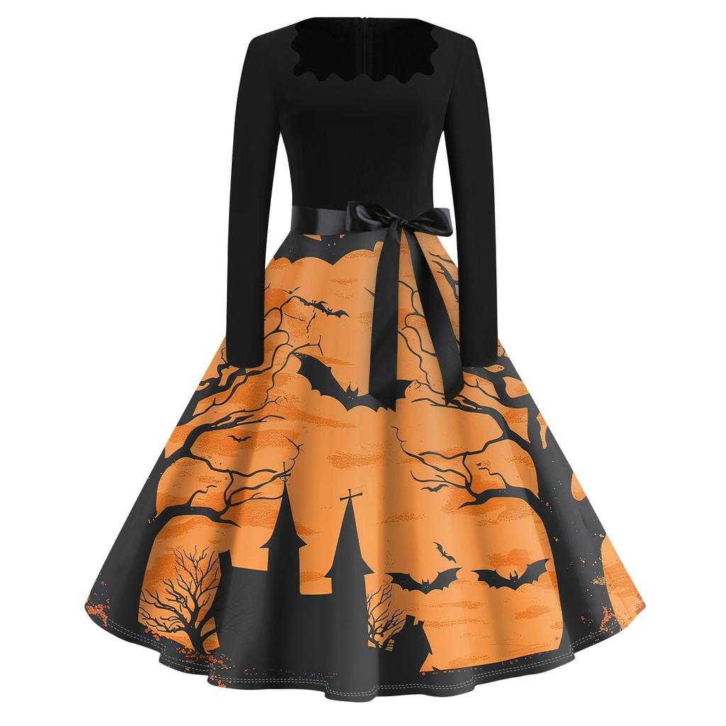 Платье с расклешенным принтом на Хэллоуин для женщин, платье с длинным рукавом, полые вечерние повседневные платья