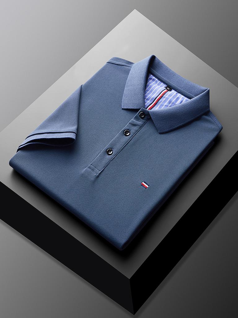 Мужская рубашка поло с коротким рукавом, однотонная, с лацканами, дышащая, деловая, повседневная, синяя футболка